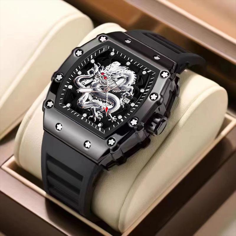 Domineering High-Value Fashion Trend Luminous Waterproof Wine Barrel-Shaped Men'S Watch Silver Dragon