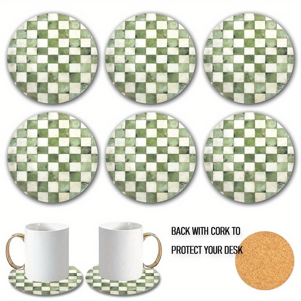 6 Pcs/Set Round Lampwood Coasters Classic Green Mosaic Cork Inserts Nature Inspired Decorative Tripod Coasters for Home