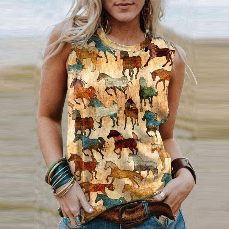 Lady Western-style printed short-sleeved T-shirt, Western style, sleeveless round-neck women's T-shirt