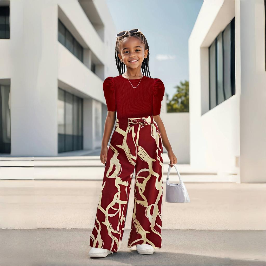 Dziewczęcy luźny top z bufiastymi rękawami i szerokimi nogawkami, kwiatowy nadruk, zestaw spodni z letnią modą dla dzieci