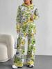 European, American autumn and winter blue splicing flower casual long-sleeved suit women's hooded sweater trousers two-piece set