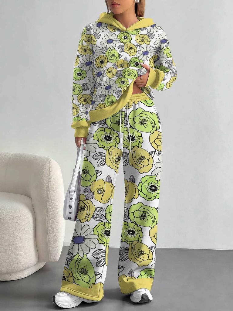 European, American autumn and winter blue splicing flower casual long-sleeved suit women's hooded sweater trousers two-piece set