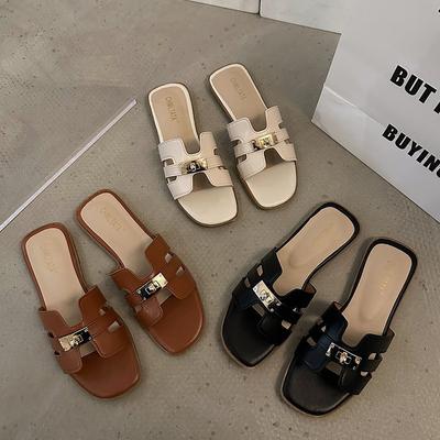 Spot Flat-bottomed Slippers Women's Outer Wear Summer 2025 New One-word Open-toe Lock Cool Slippers Women's Foreign Trade