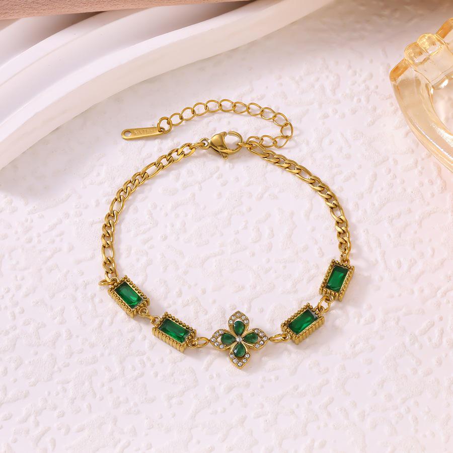 Emerald Four-Leaf Clover Bracelet - Luxury Women's Stainless Steel & Zirconia Jewelry, INS Style