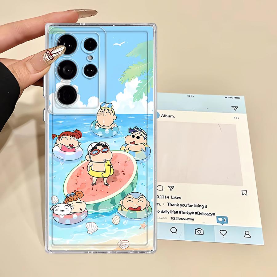 Roztomilý obal na telefon Shinchan s pastelkami pro Samsung Galaxy S25 Edge S24 S26 S22 FE Note 20 Ultra 10 S23 Ultra S20 Plus S21