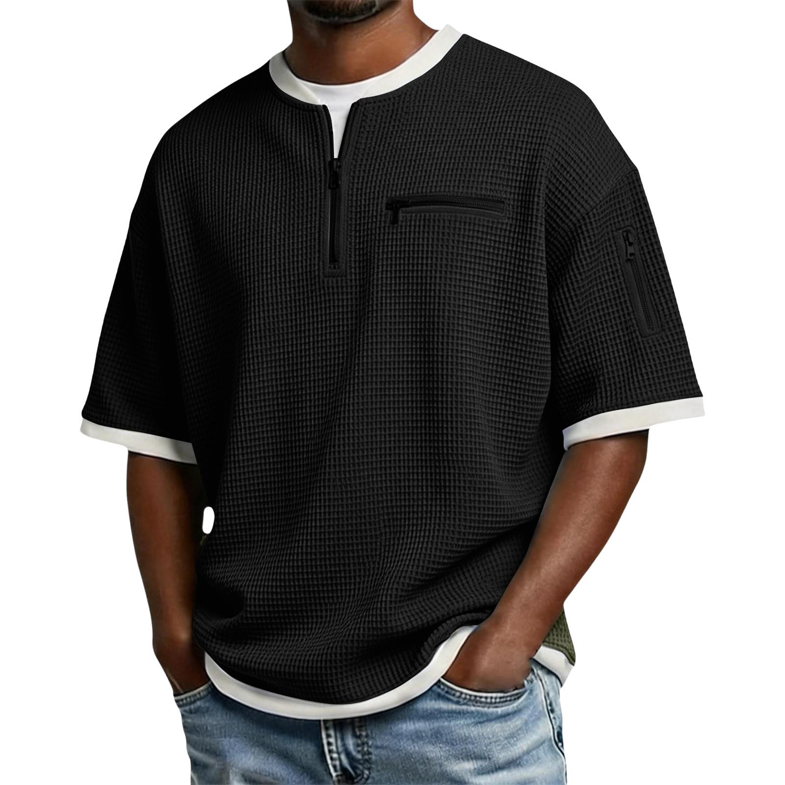 Men Waffle Knit Short Sleeve T Shirt with Zipper Pocket and Contrast Trim Crew Neck Casual Loose Fit Top XXL чёрный