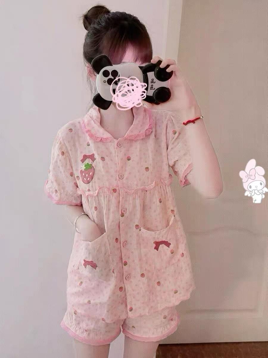 

Cute princess style strawberry pajamas women s summer short-sleeved shorts set doll collar girls can wear loungewear S