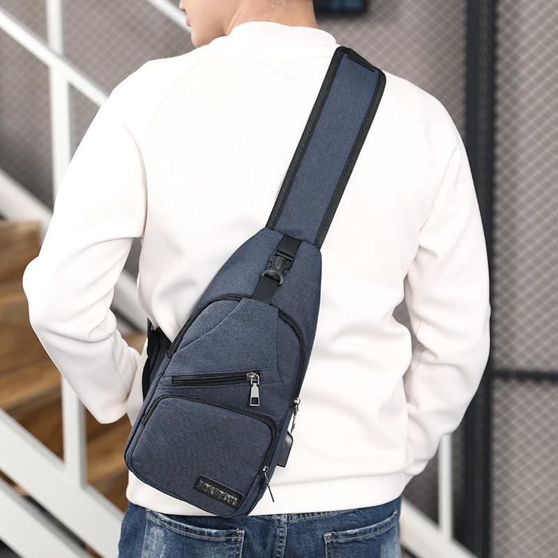 Men's Multi-layer Crossbody Chest Bag with USB Data Cable for Outdoor Carry-ons