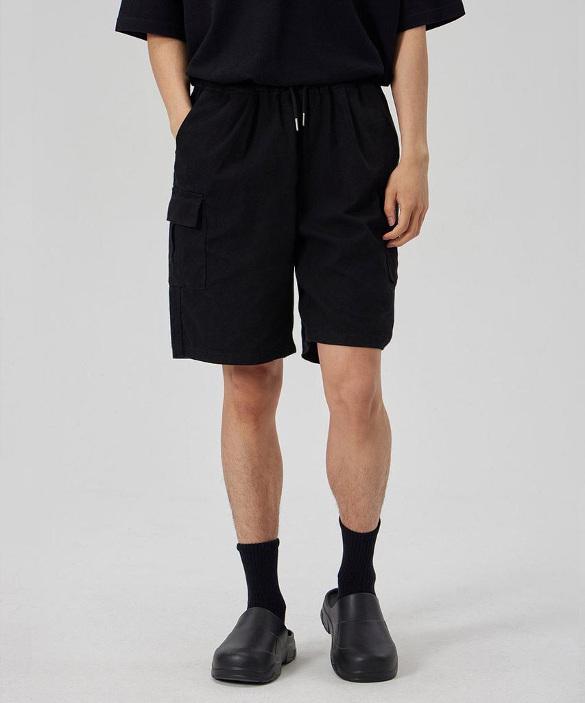 MAKEITTO 6 Pockets Semi Wide Cargo Half Pants_Black
