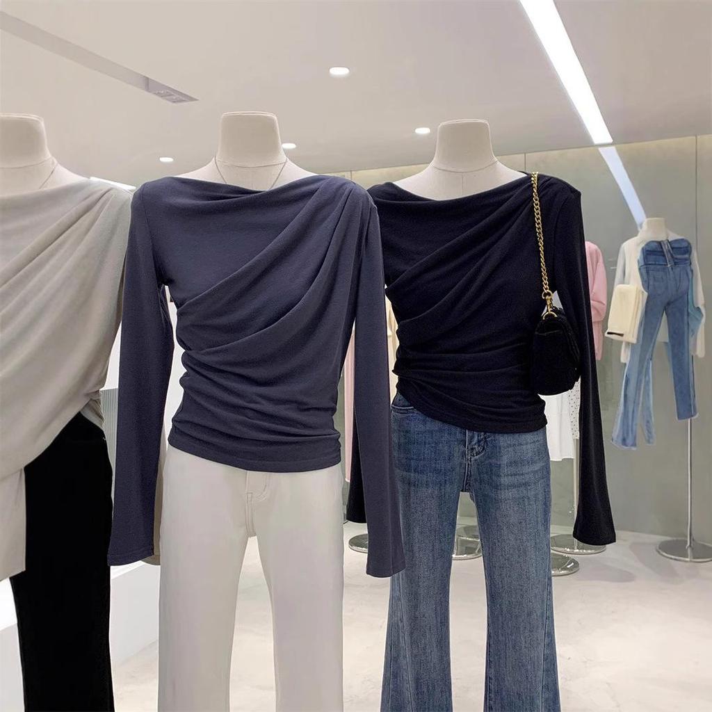 New 2024 Off-Shoulder Ruched Long-Sleeve T-Shirt, Rayon 1x1, 260g, High-End.