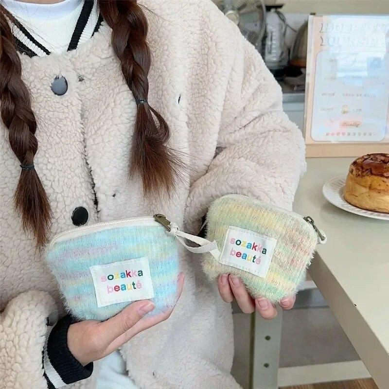 Stripes Plush Coin Purse Kawaii Cute Key Money Card Case Bags Small Coin Bags for Women Boys Girls Gift Mini Handbag