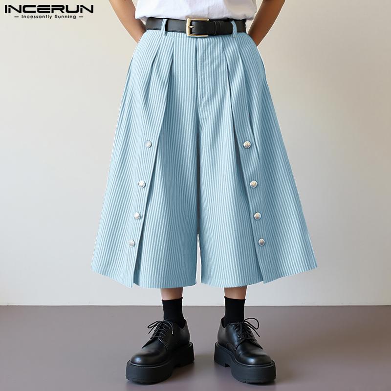 INCERUN Men Capri Casual Loose Wide Leg Buttons Striped Cropped Pants Shorts