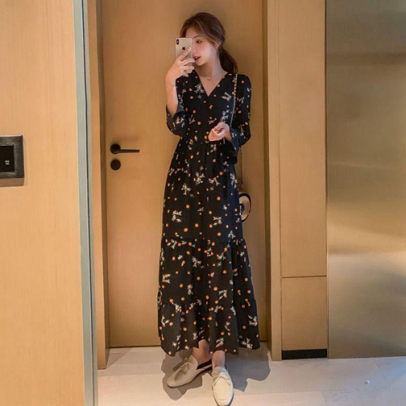 WTEMPO Brand Fragmented Chiffon Long Sleeve Dress Loose Retro Versatile Large Hemline Skirt Slim Tall Super Long Knee Skirts
