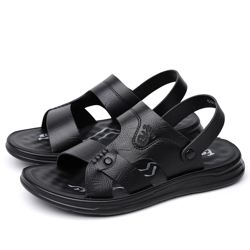 

Men Black Leather Sandals Simple Flats Summer Brown Outdoor Hiking Sandals Outdoor Wide Beach Shoes for Father Over Sized EU:45 чёрный