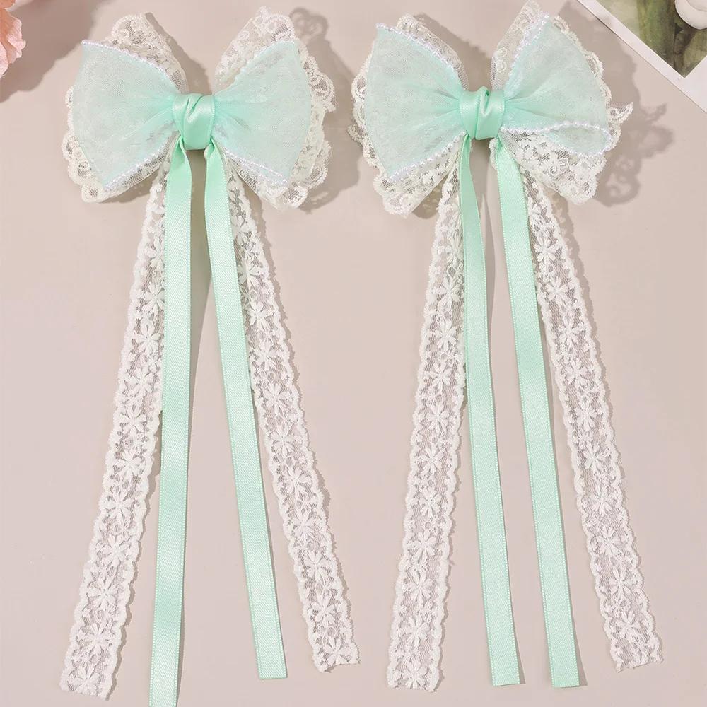 2Pcs Beige Lace Bow Hair Clips With Long Ribbon Elegant Pearl-trimmed Chiffon Bownot Barette For Girls Women Hair Accessories