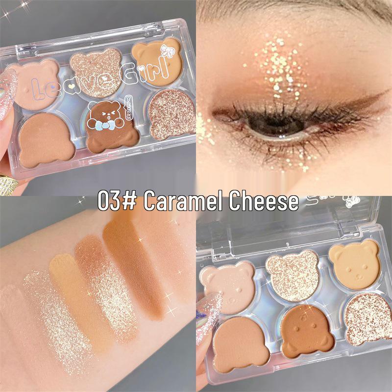 LEAVE GIRL Little Bear Six-Color Eyeshadow & Contour Palette: Matte, Pearlescent, Glitter, Earth Tones.