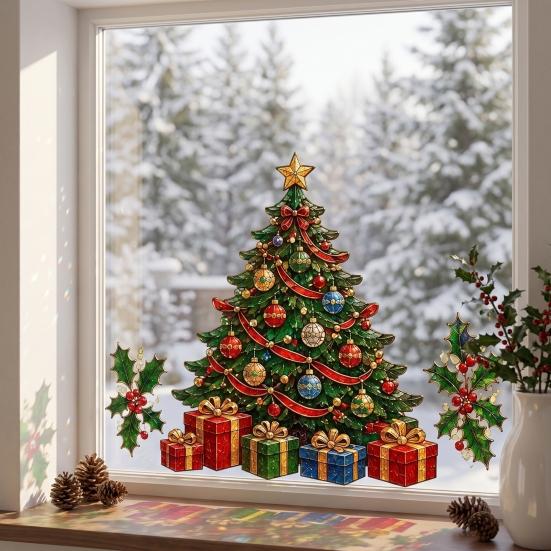 Holiday Home Ornaments Christmas Window Clings, Removable PVC Decals, Snowy Festive Glass Clings Stickers for Party And Store Decorations Easy
