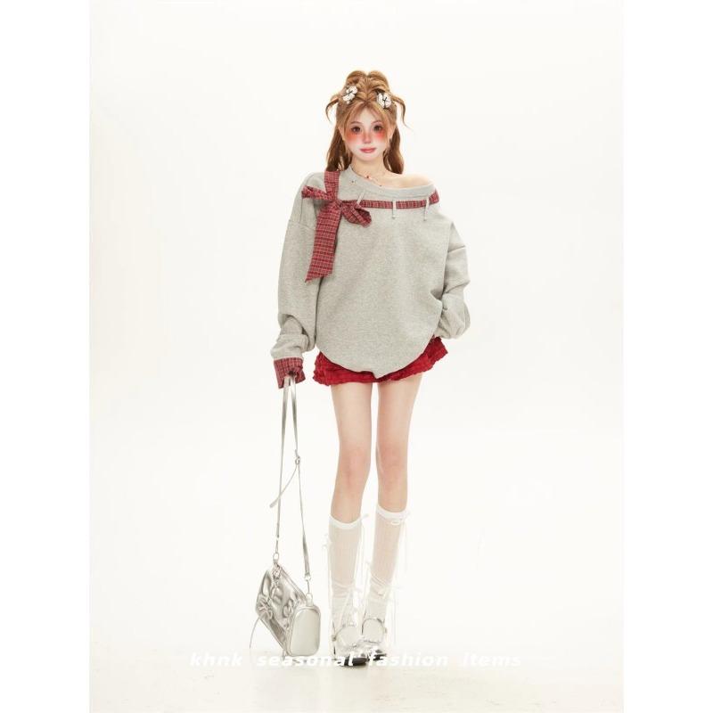 Women's Lace Up Long Sleeved Sweatshirt Round Neck Fake Two Loose Solid Color Women's Hoodies Autumn Fashion New Female Top