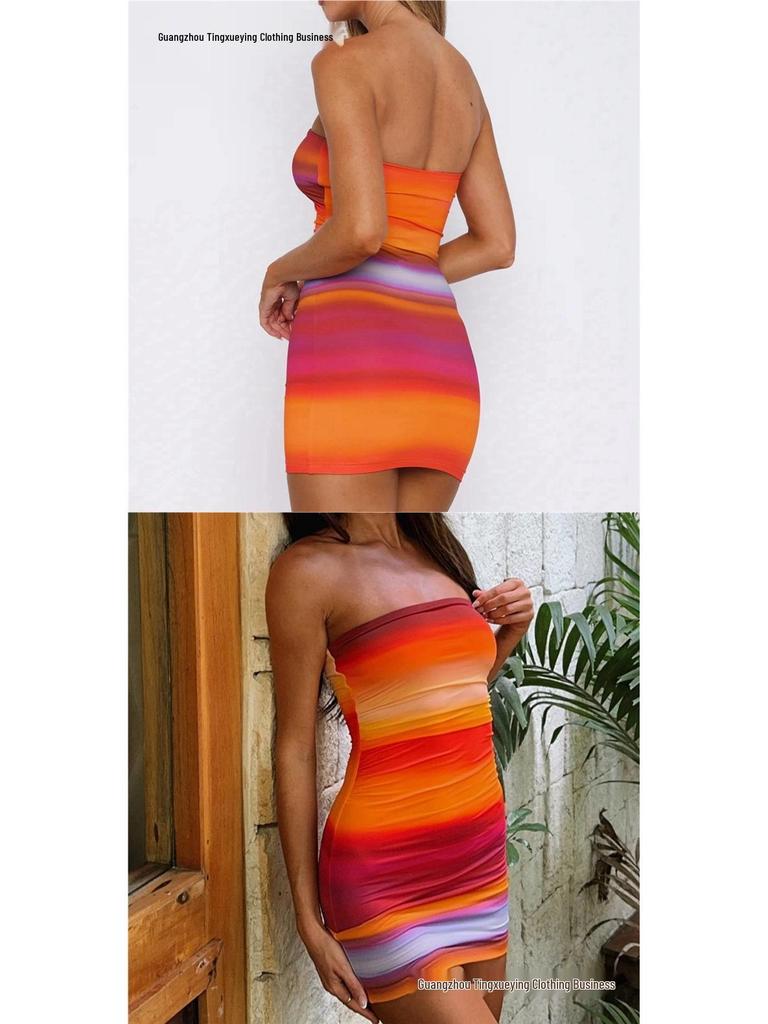 European & American Women's Rainbow Print Strapless Ruffled Dress - Summer Nightclub Wear