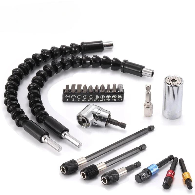 Flexible Drill Extension Hex Shank Nut Driver Bit Set Bendable Right Angle Tool Adapter