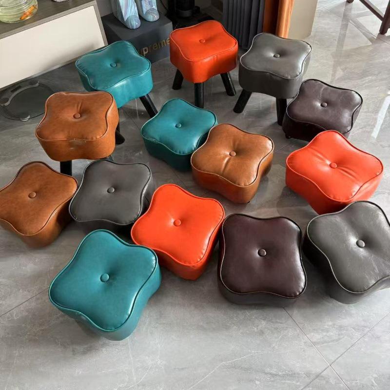 Four-Leaf Clover Upholstered Leather Stool for Living Room or Entranceway