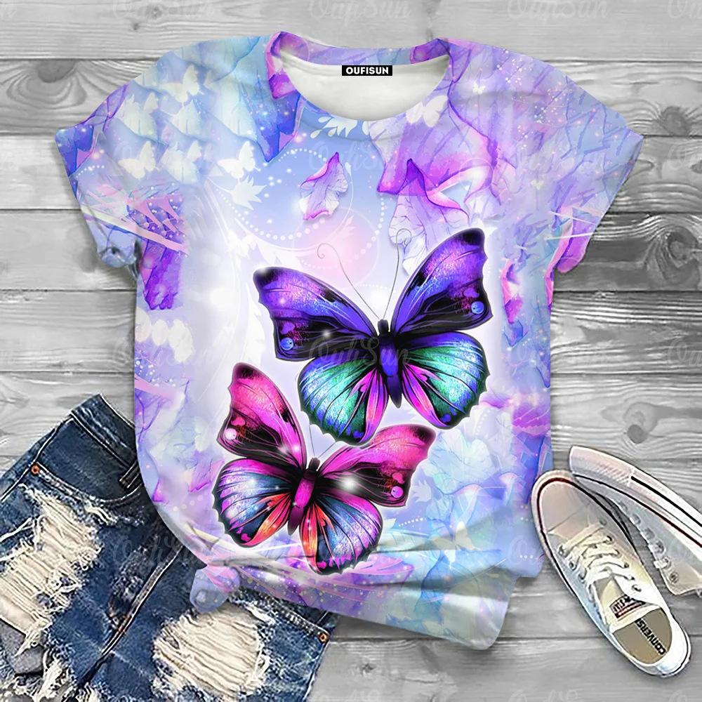 Summer Round Neck 3D Butterfly Print T-shirts Fashionable Casual Short Sleeved Women's T-shirts