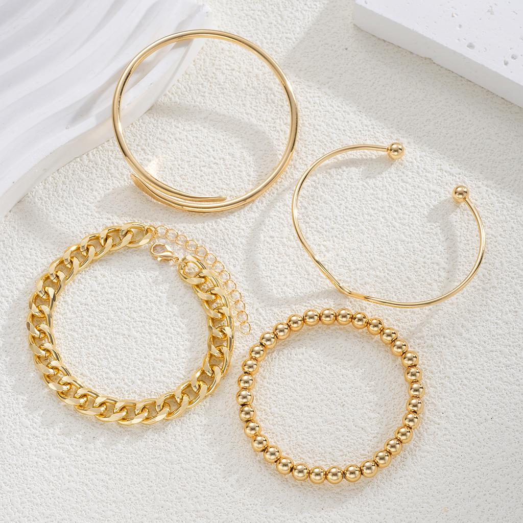 4Pcs Gold Geometric Bracelet Set For Women Minimalist Open Cuff Bangle Cuban Link Beaded Bracelets Trendy Stackable Jewelry Gift