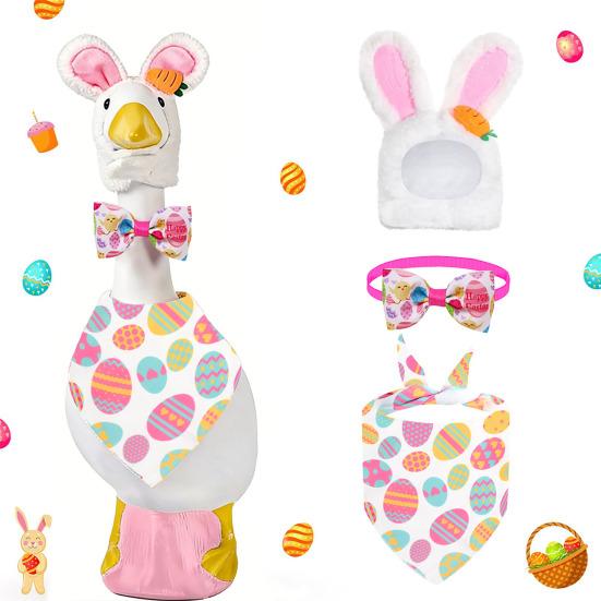 Ubrania dla Dużej Gęsi Miękkie Wygodne Zestaw Kostiumu dla Zwierzaka z Kolorowym Szalikiem w Jajka Nakryciem Głowy z Uszami Królika Zestaw Muszki Happy Easter