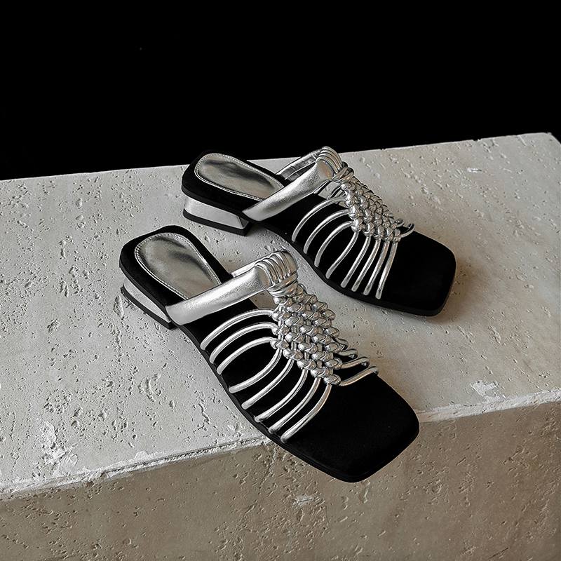 Krazing Pot Straw Weaving Summer Size 40 High Quality Slip on French Chic Thick Heels Women Peep Toe Sandals