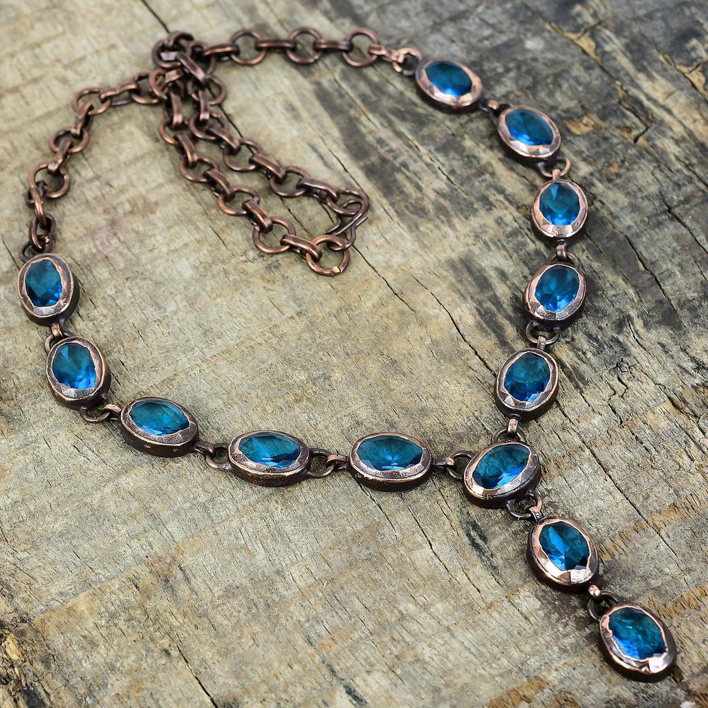 Faceted swiss blue topaz necklace electroformed copper gemstone necklace adjustable chain necklace handmade copper jewelry gifts for mother