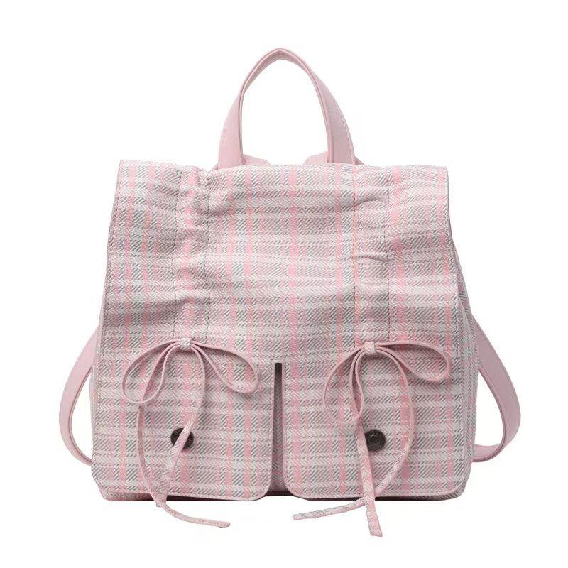 

American College Bows Soft Leather Backpack Ruffle Large Capacity Handbag Preppy Style Untitled Notitle Pink