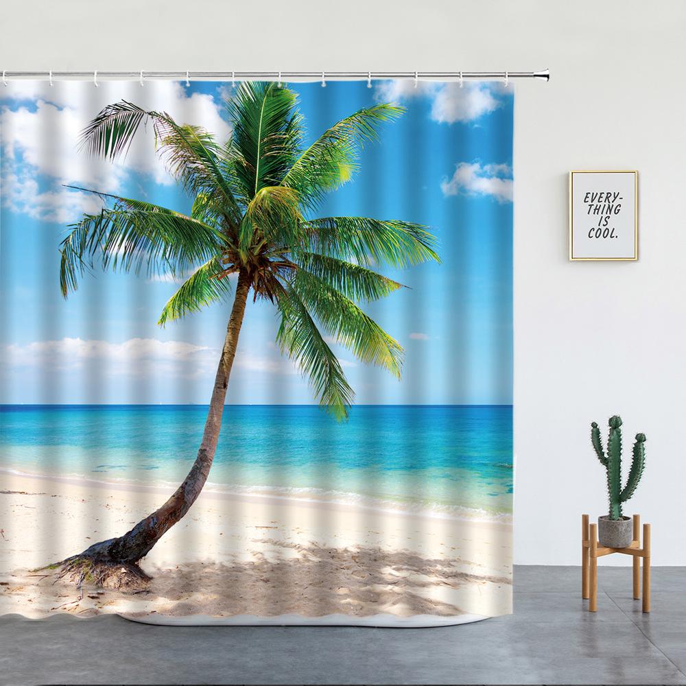 Beach Palm Trees Shower Curtains Sunset Island Hawaii Ocean Natural Landscape Polyester Bathroom Decor Cloth Bathtub Curtain Set