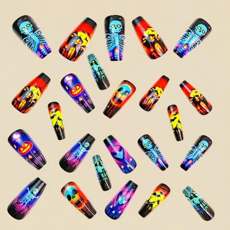 Beautiful Halloween Press-On Nail Set of 24 - Skeleton, Pumpkin, and Bat Designs Perfect for Festive Nail Art Enthusias