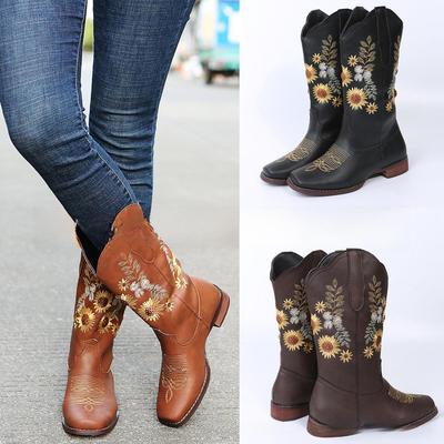Juti Winter 2021 European & American Flat Embroidered Sunflower Knight Boots, Large Size