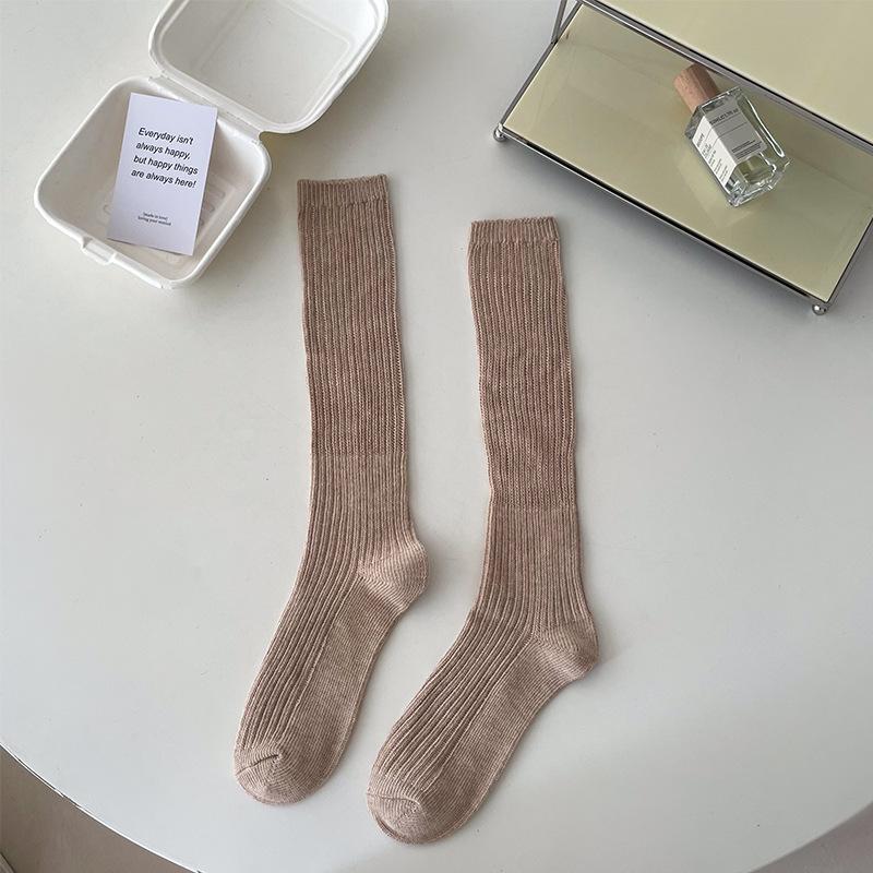 Autumn And Winter Women's Knitted Socks Solid Color Vertical Bar Warm Knee Length Socks Harajuku Fashion Lolita Socks