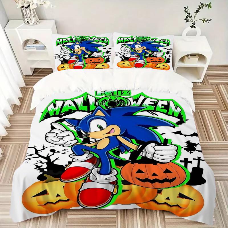 3pcs Halloween Fun with Sonic Quilt Cover Set - Soft and Cozy Bedroom, Guest Room and Dorm Decorative Bedding 3-Piece Set 1 Quilt Cover + 2 Pillo