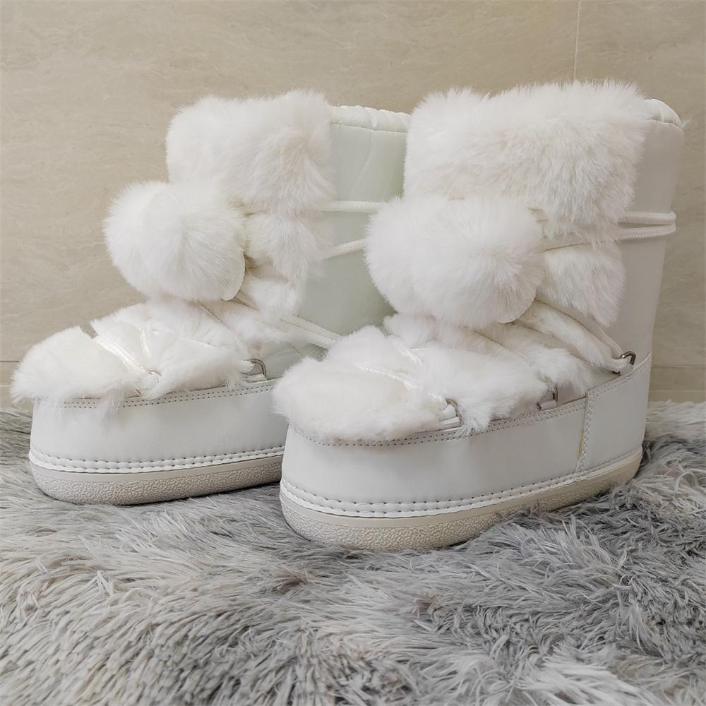 Faux Fur Boots for Women Warm Comfortable Woman Ski Boots  Winter Middle Claf Lace-up Waterproof Platform Snow Boots Black