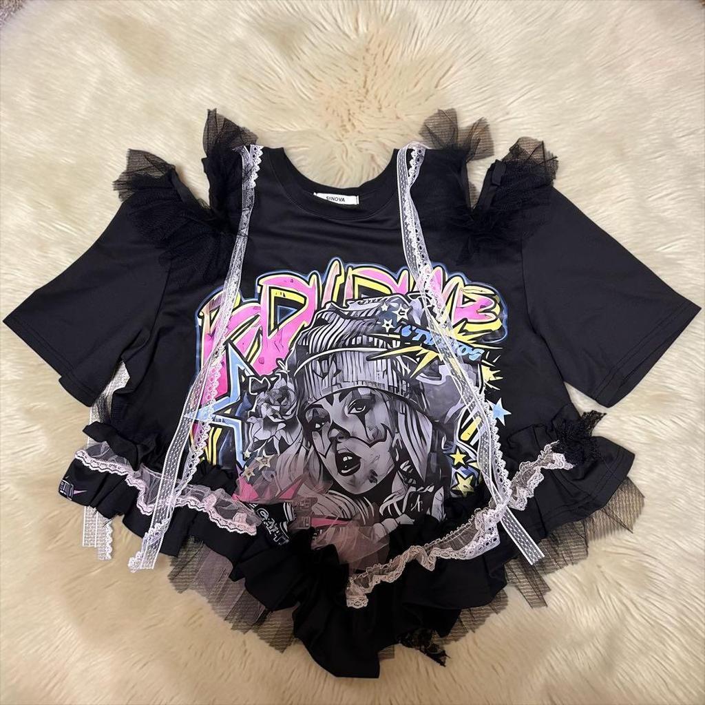 Used Y2K SYNAPSE FACTORY Graphic T-shirt Ruffle Lace Black