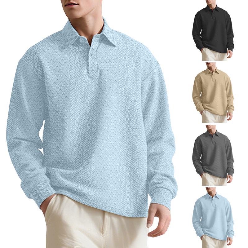 European Style Textured Jacquard Long Sleeve Polo Shirt for Men