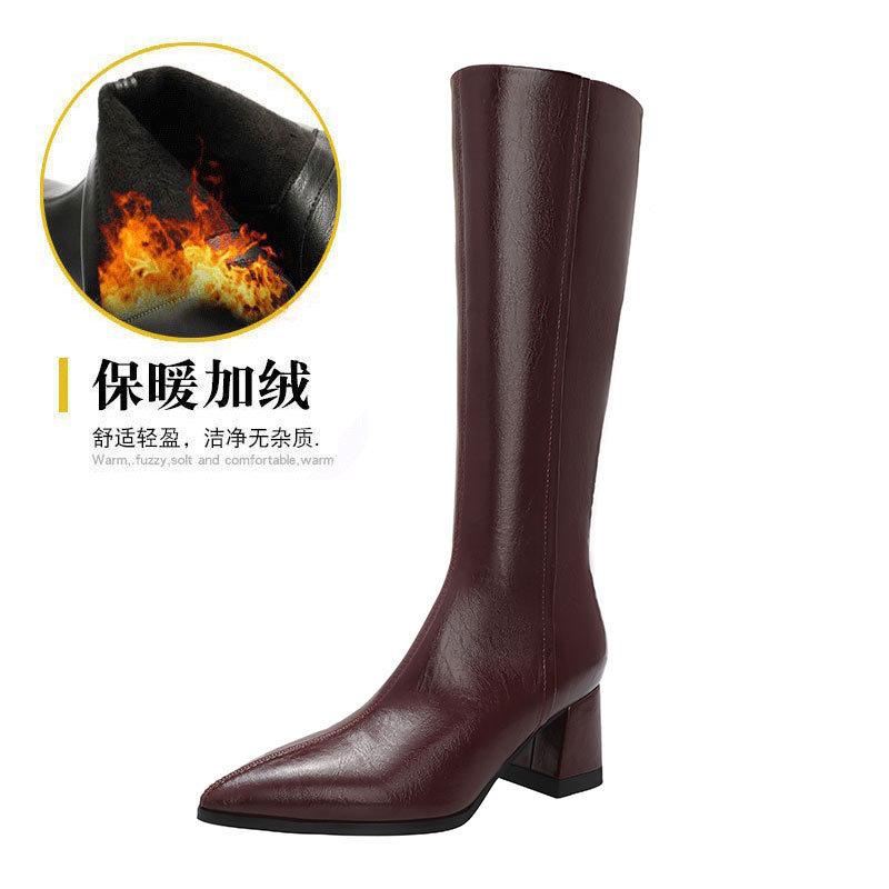 High Heels But Knee Boots Women's New Autumn and Winter 2025 Pointed High Boots Large Size Thick Heel Thin Boots