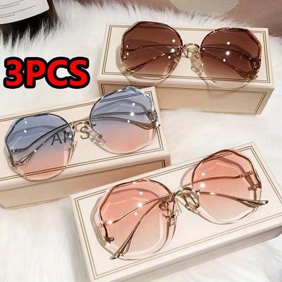 3Pcs Fashion Luxury Round Gradient Sunglasses Women Metal Rimless Sun Glasses