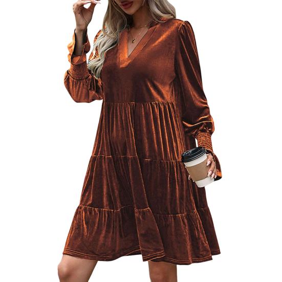 Spring Fall Women Dress Golden Velvet V Neck Pleated Patchwork Long Sleeves A-line Solid Color Knee Length Dating Shopping Midi Dress