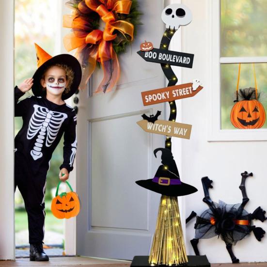 Halloween Wood Witch Broom Porch Sign Spooky Halloween Witch Broomstick for Indoor Outdoor Porch Yard Home Decor