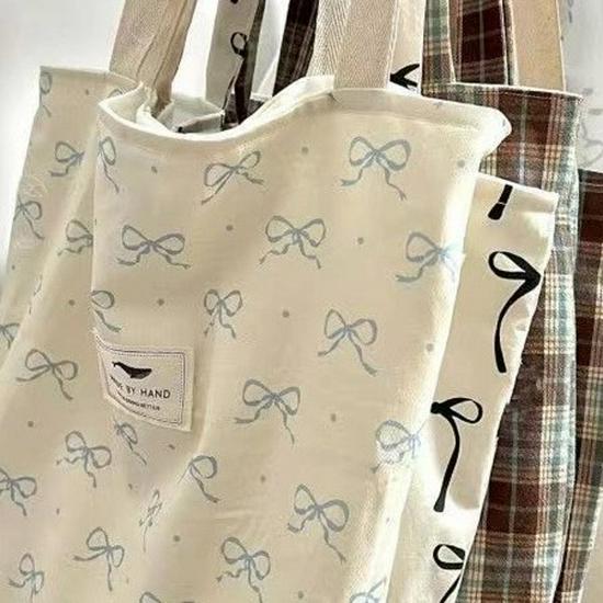 Retro Korejský Styl Plátěná Taška s Mašlí - Velká Ramenní Taška na Jarní/Letní Dovolenou