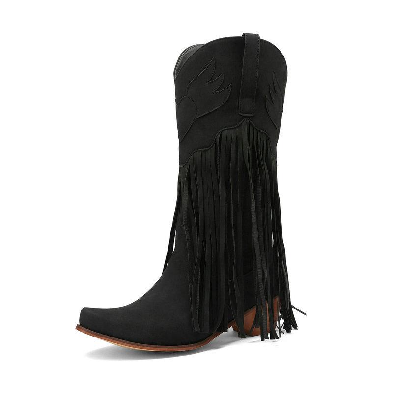 Women's European & American Vintage Mid-Calf Boots - Chunky Heel, High Heel, Round Toe, Fringed Knight Boots & Boots