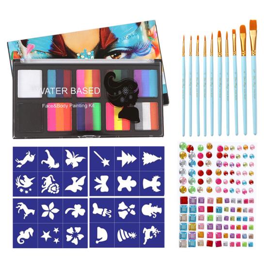 

1 Set 10-Color Halloween Face Paint Set with Paint Pens And Rhinestone Stickers Hypoallergenic High Saturation Easy Wash Body Drama Oil Colors 1 Set