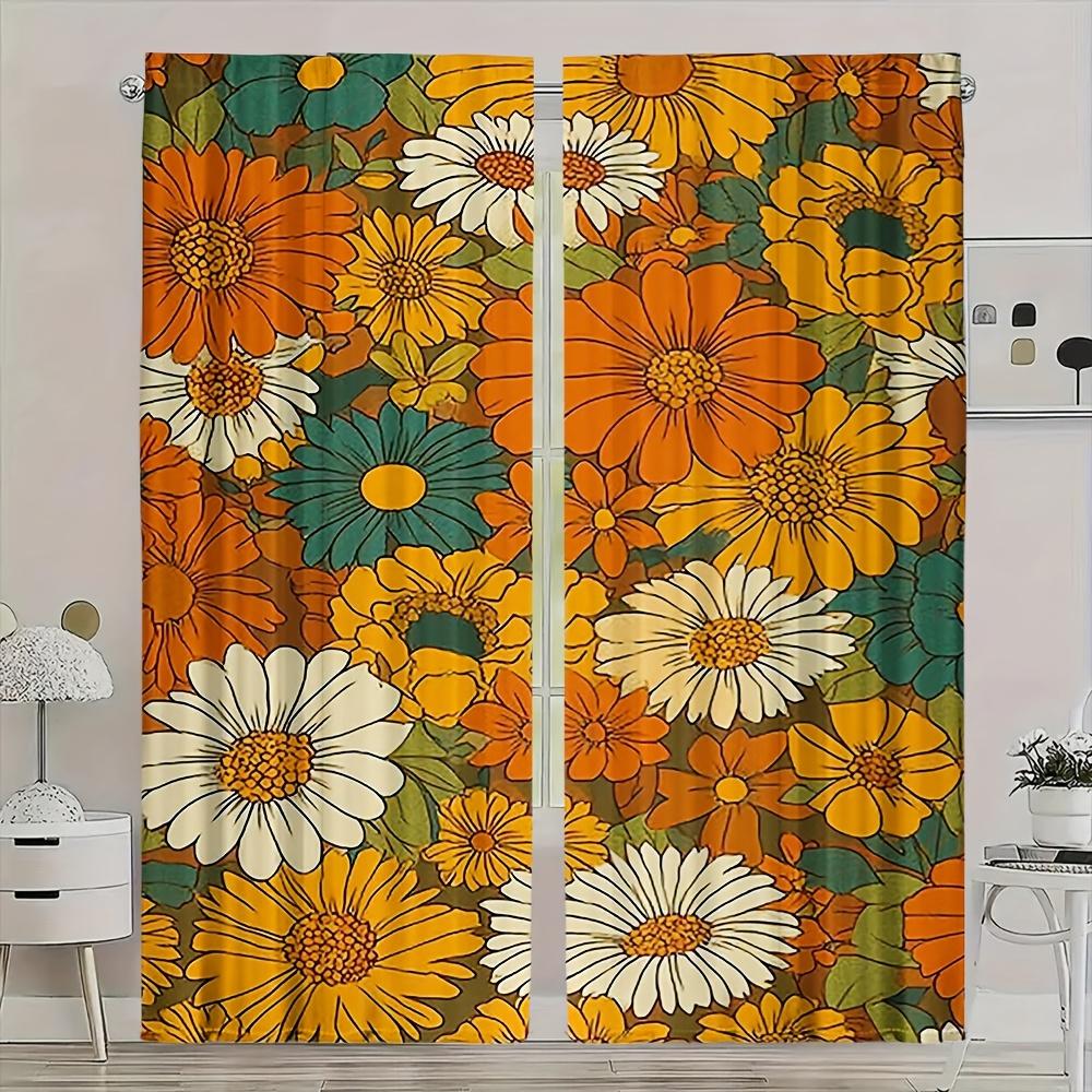 Grooviges 70er Jahre Gänseblümchen Vorhang Set 2 Stück Stangentasche Halbtransparent für Wohnzimmer Schlafzimmer Dekoration