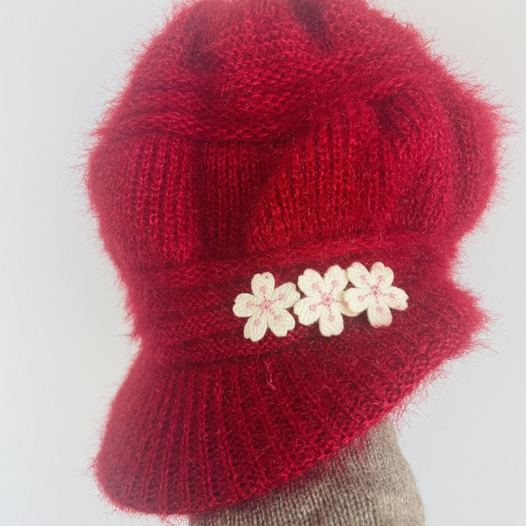 Women's Hat Fleece-lined Ear Protection Hat New Arrival Rabbit Fur Embroider Flower Octagonal Hat Red Classy Hat