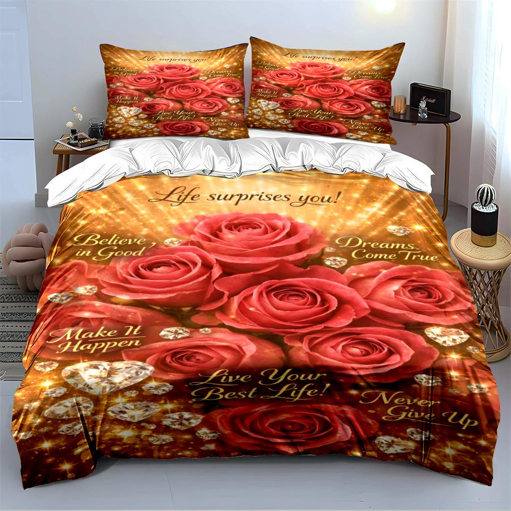 Red Rose and Quote Printed Bedding Set Bedding Set (1 Duvet Cover, 2 Pillowcases, Duvet Not Included)