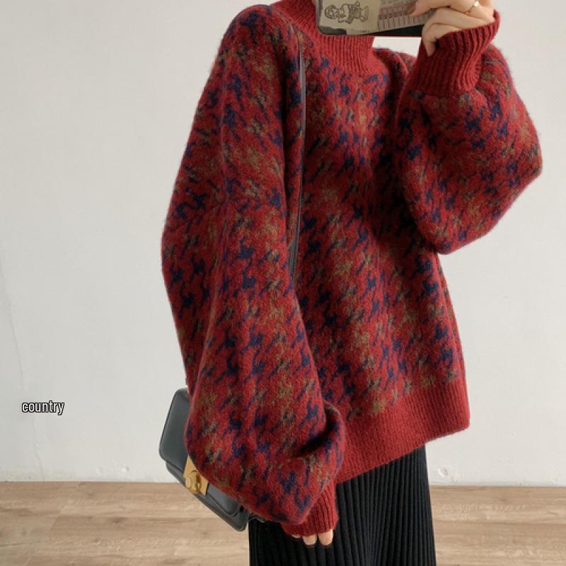 2025 Korean Style Women's Houndstooth Loose Pullover: Retro Knitted Round Neck Sweater for Autumn/Winter